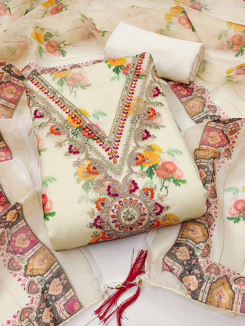 women floral printed embroidered unstitched suit set