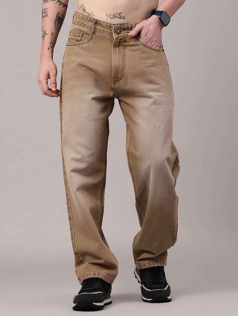 men washed mid rise full length baggy jeans
