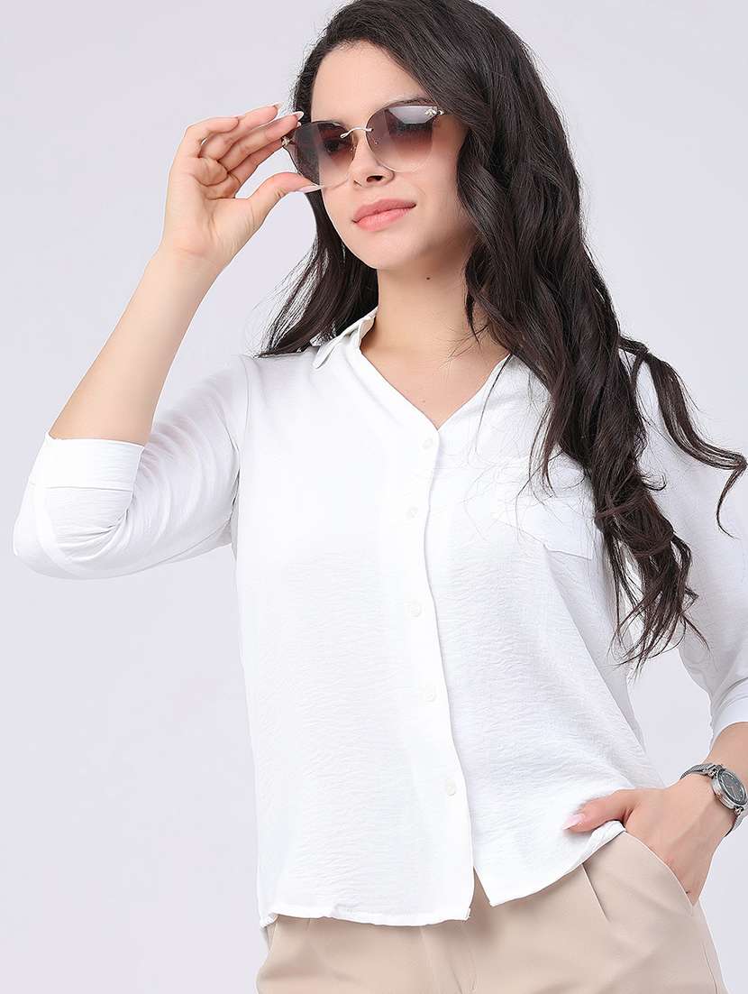 women solid collared regular shirt