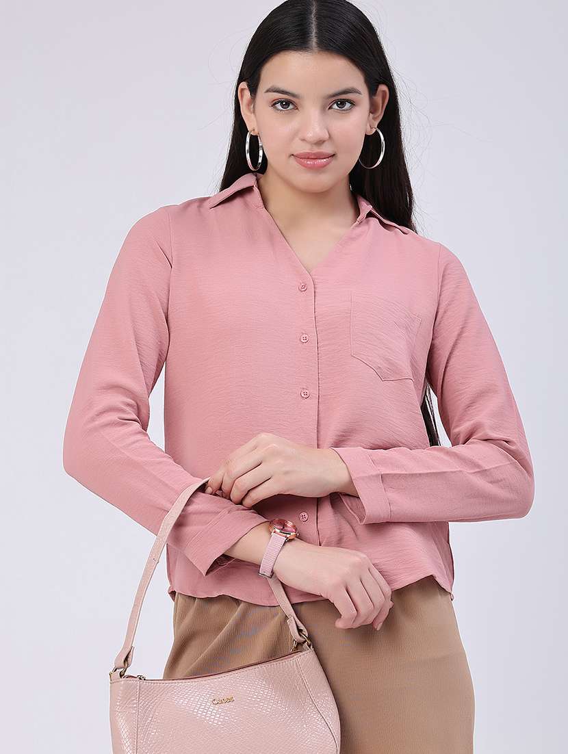 women solid collared regular shirt