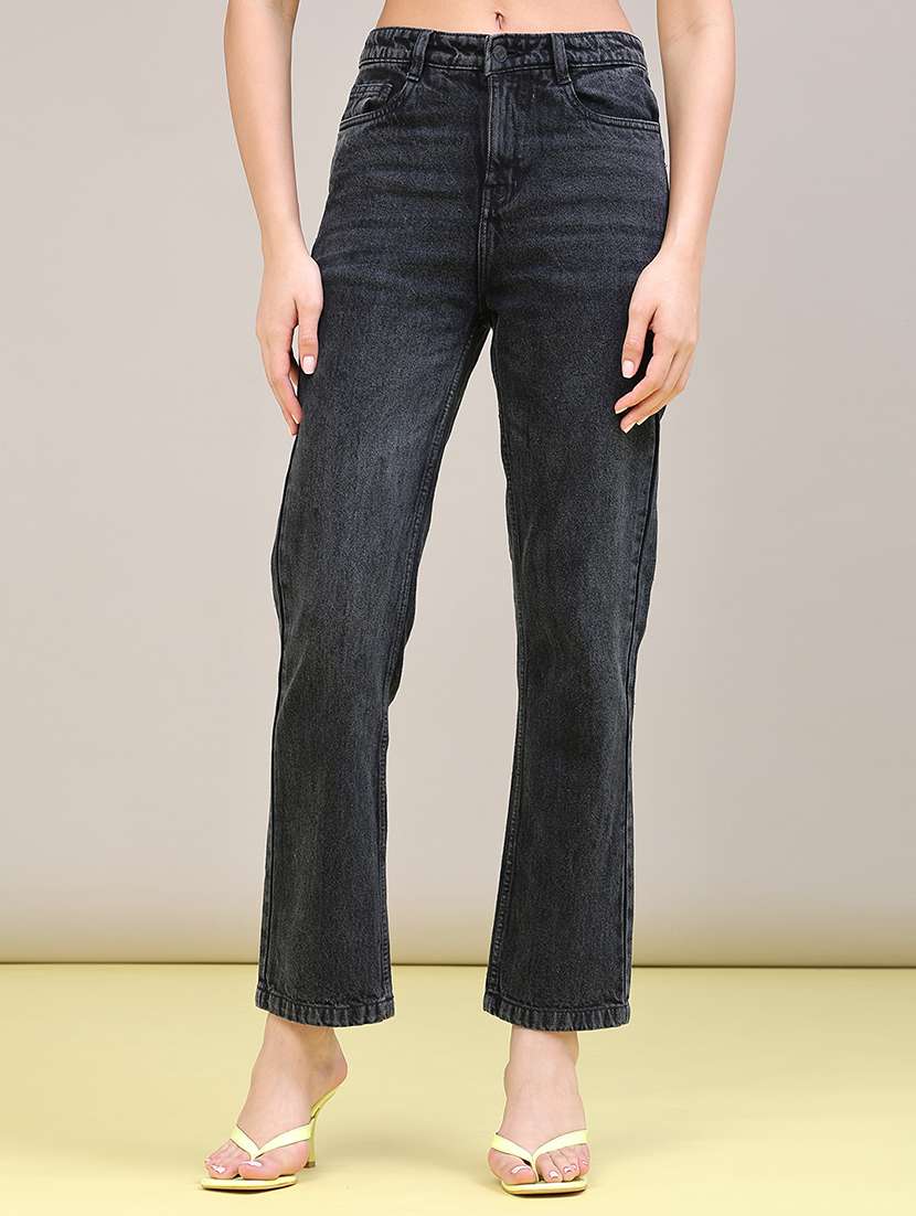 women washed mid rise straight jeans