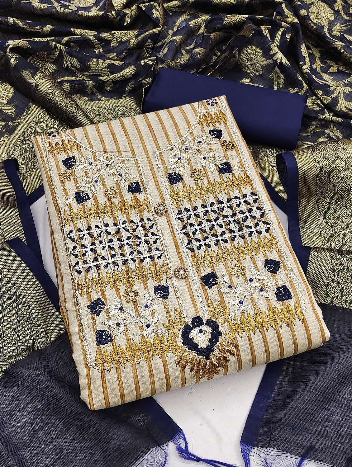 women striped embroidered unstitched suit set