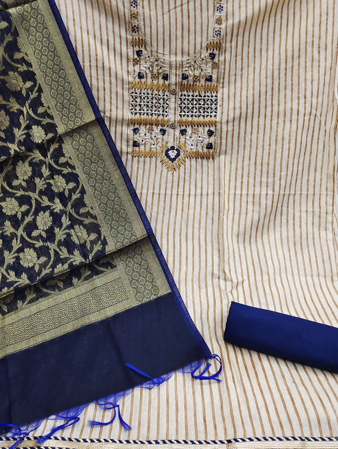 women striped embroidered unstitched suit set - 22419969 -  Standard Image - 1
