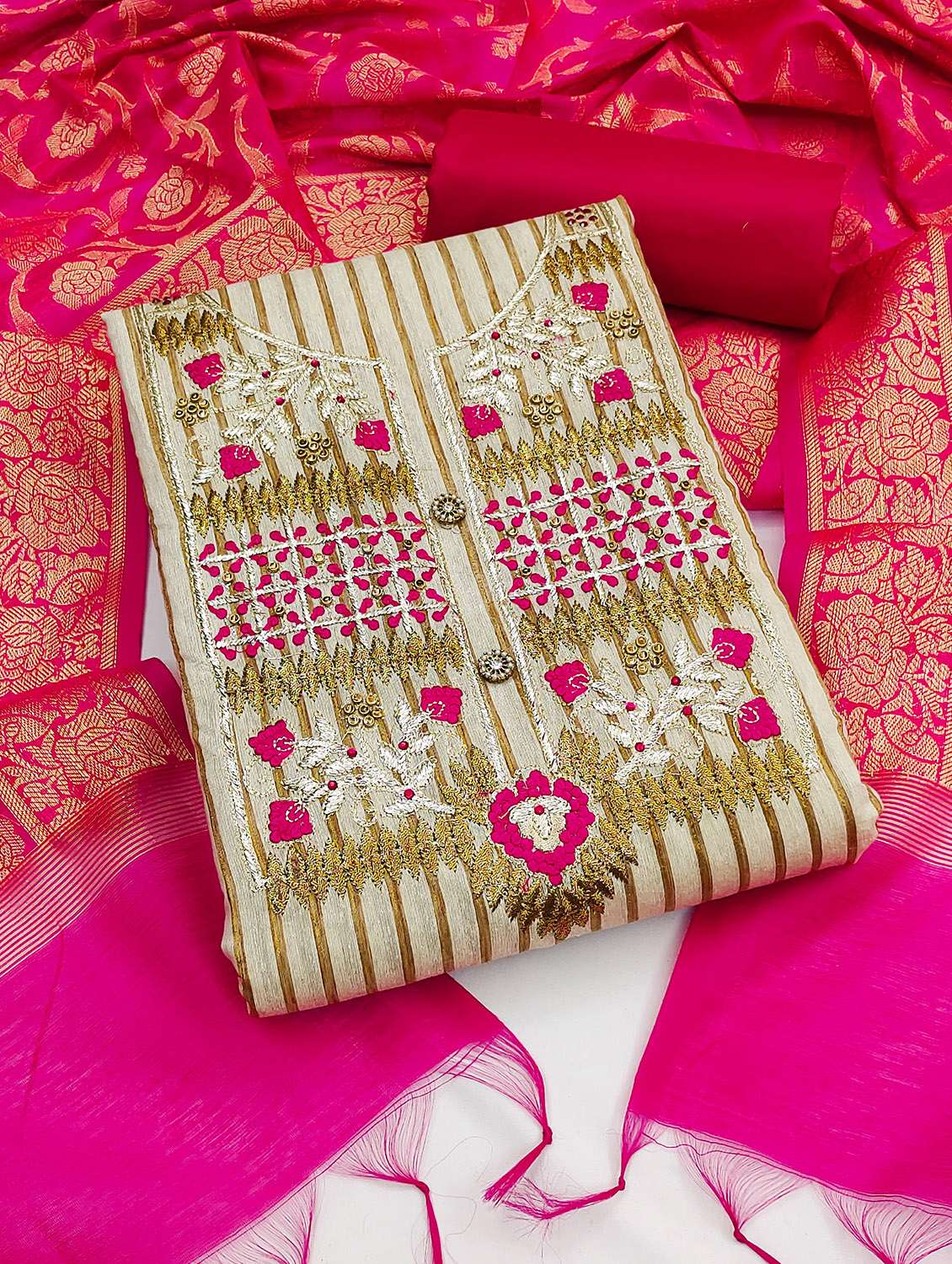 women striped embroidered unstitched suit set