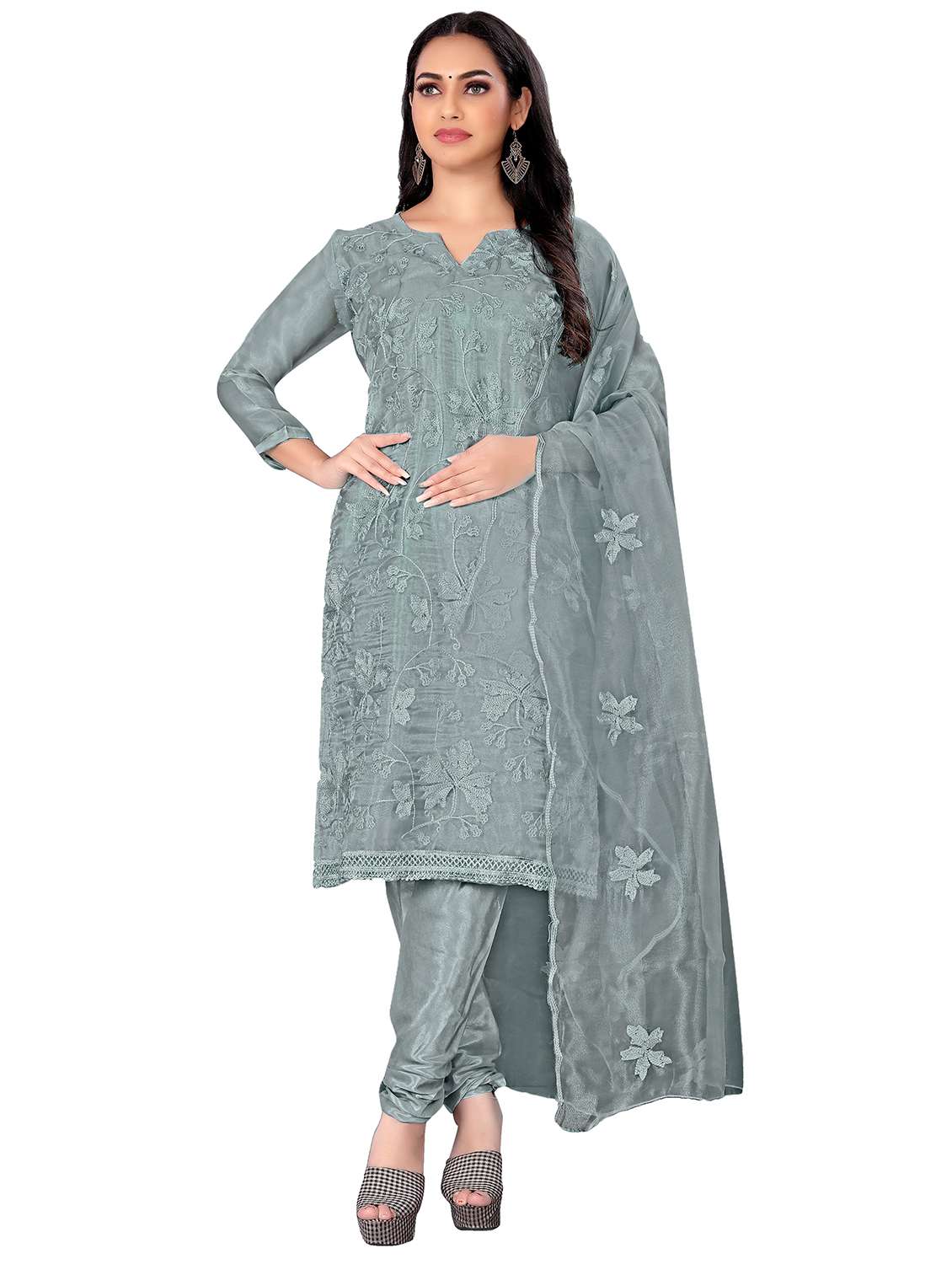 women solid with work unstitched suit set