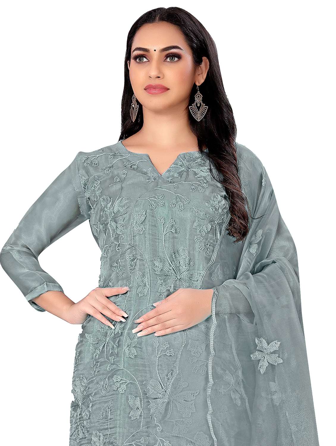 Women Solid With Work Unstitched Suit Set - 22419993 -  Standard Image - 1
