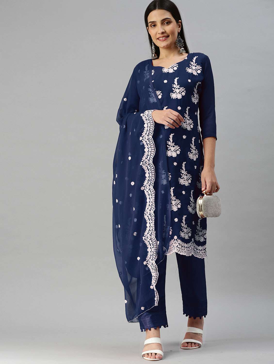 women solid with work unstitched suit set