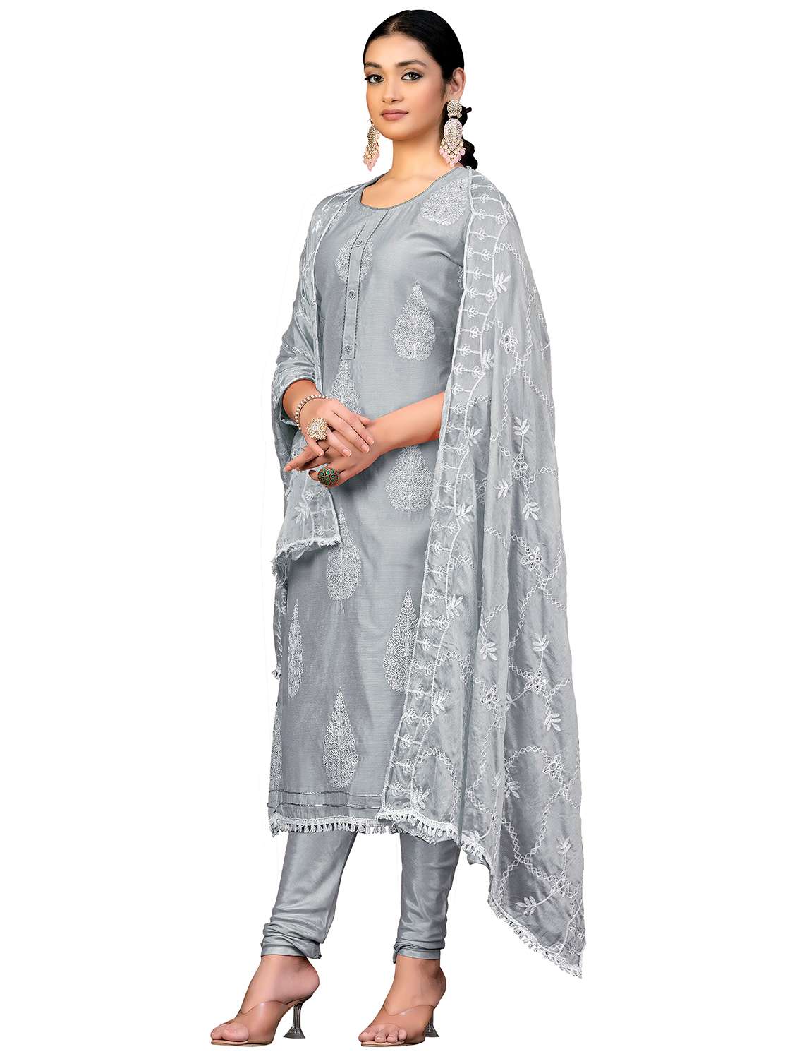 Women Solid With Work Unstitched Suit Set - 22420343 -  Standard Image - 1