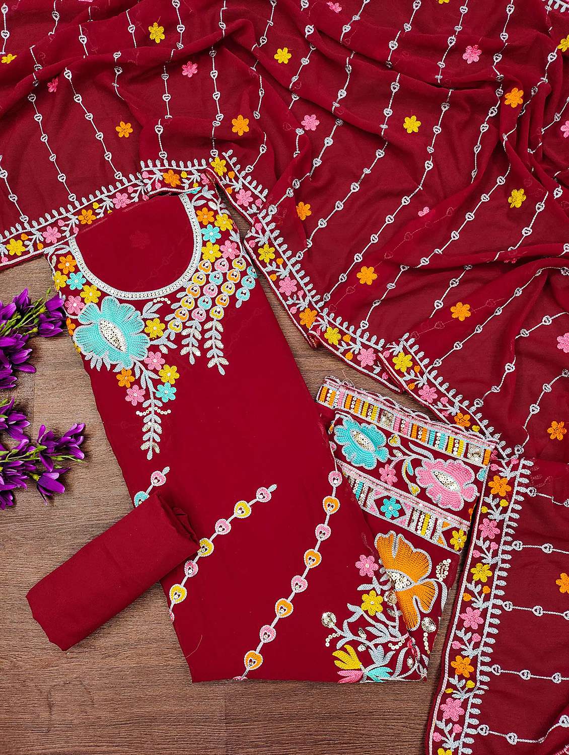 Women Solid With Work Unstitched Suit Set - 22420869 -  Standard Image - 1