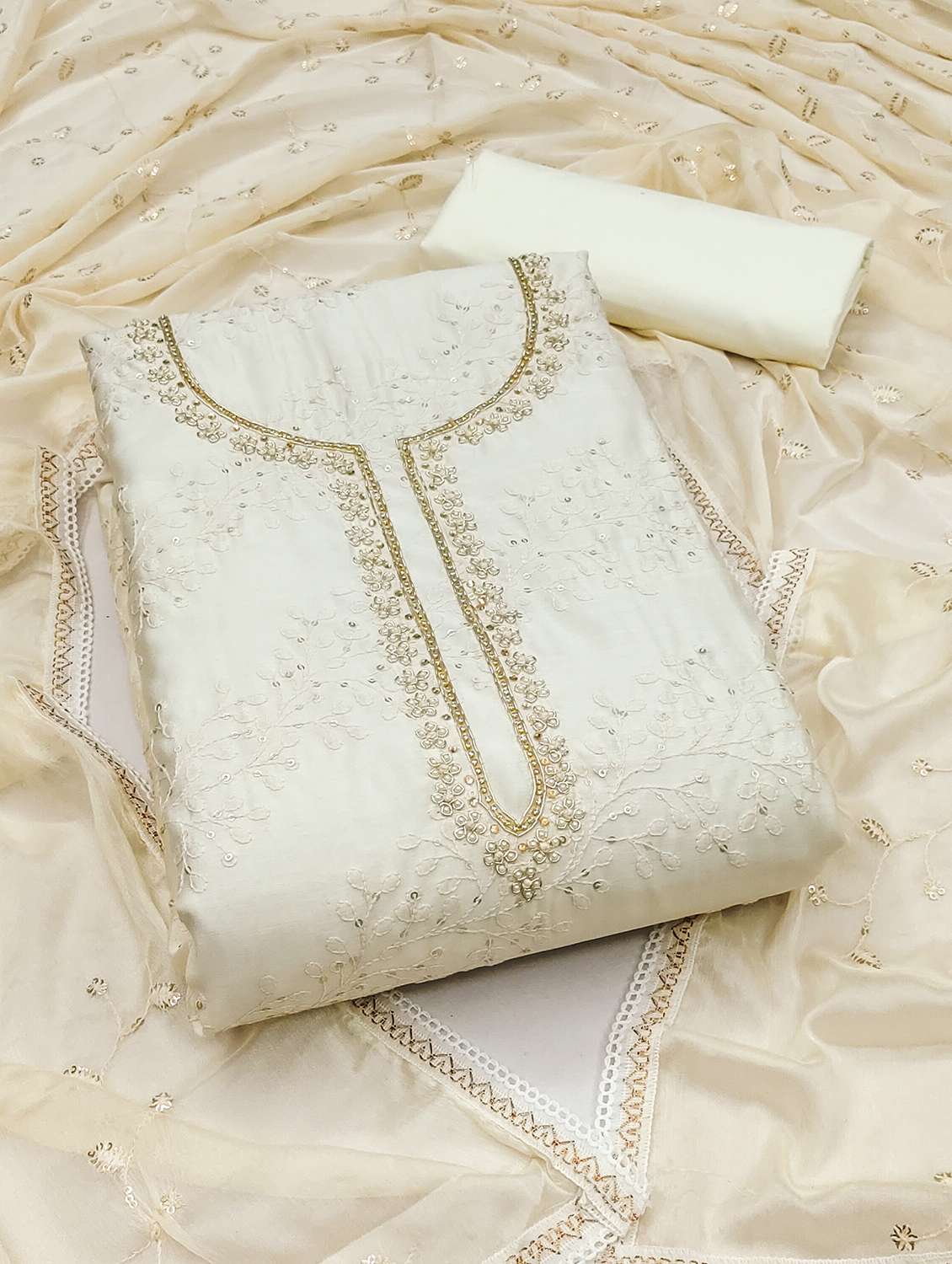 women solid with work unstitched suit set