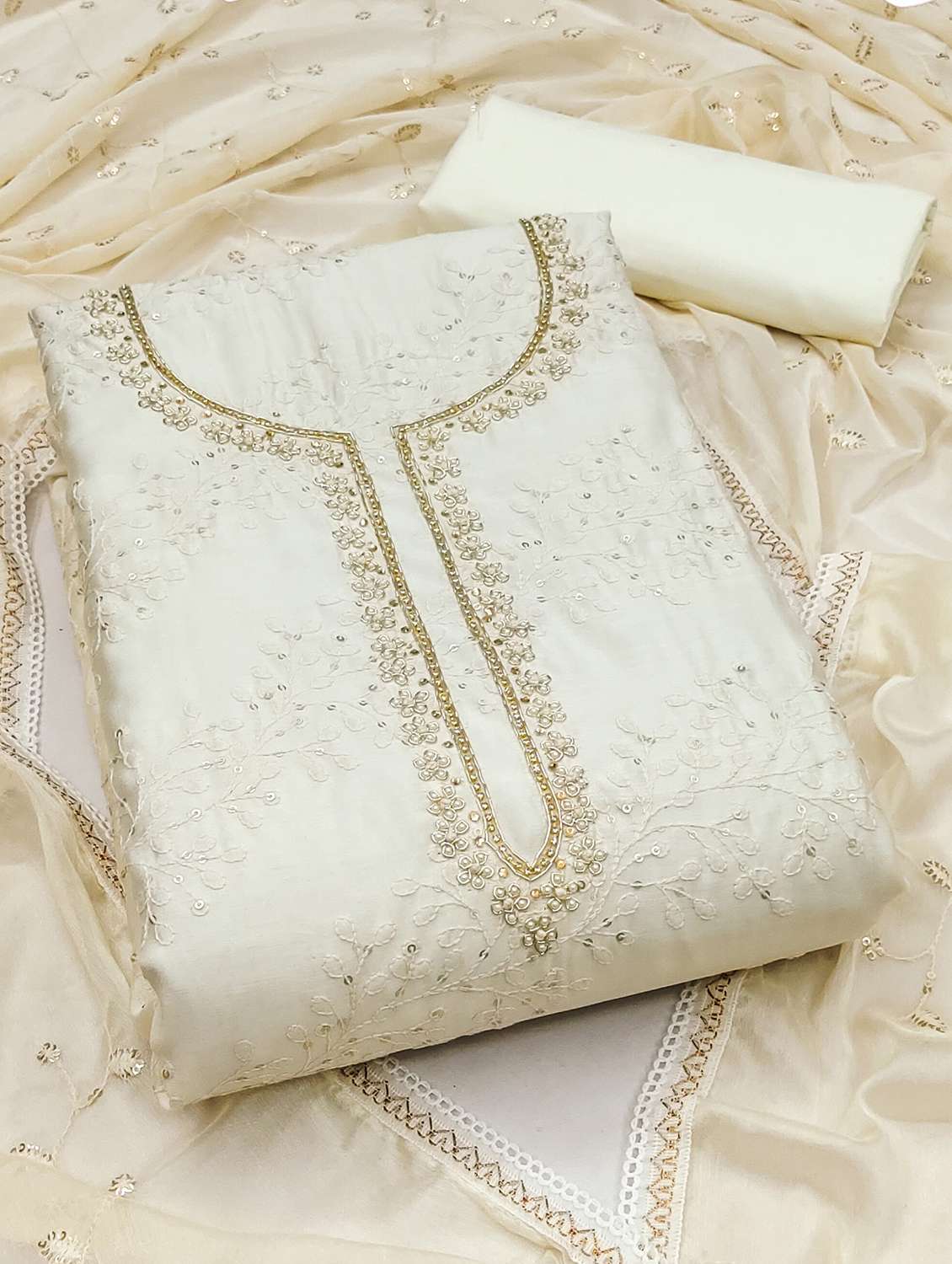 Women Solid With Work Unstitched Suit Set - 22420964 -  Standard Image - 1