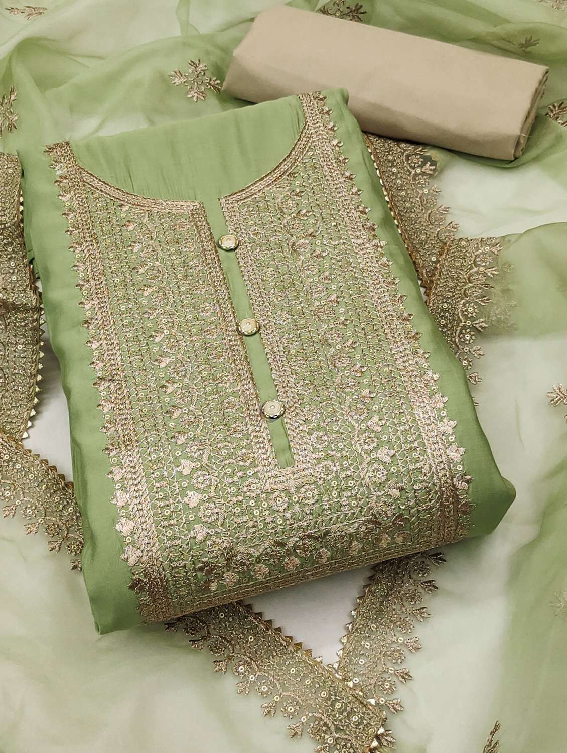 Women Solid With Work Unstitched Suit Set - 22421014 -  Standard Image - 1