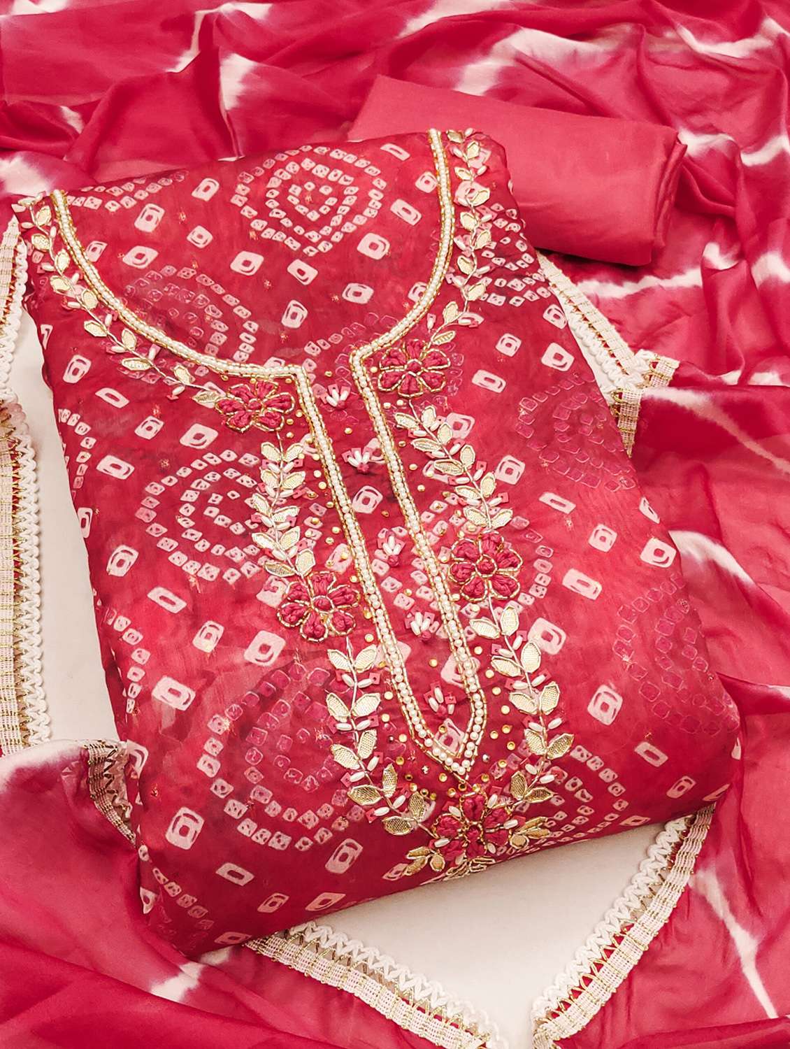 women bandhani printed unstitched suit set - 22421099 -  Standard Image - 1