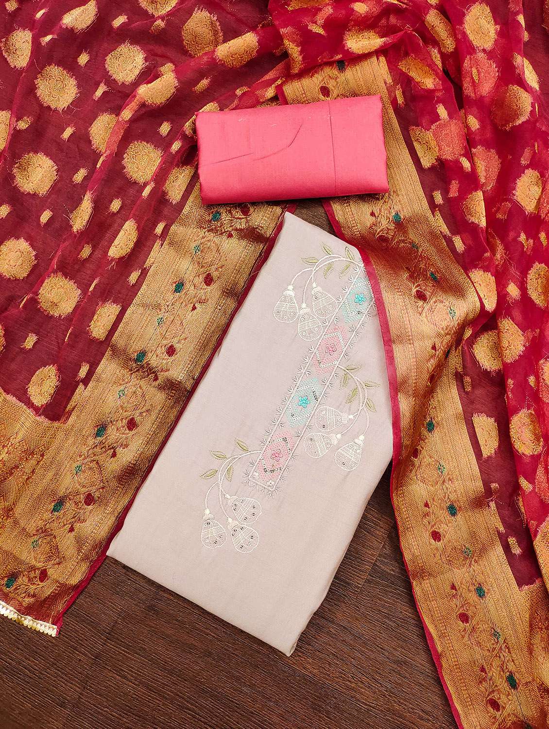 Women Solid With Work Unstitched Suit Set - 22421107 -  Standard Image - 1