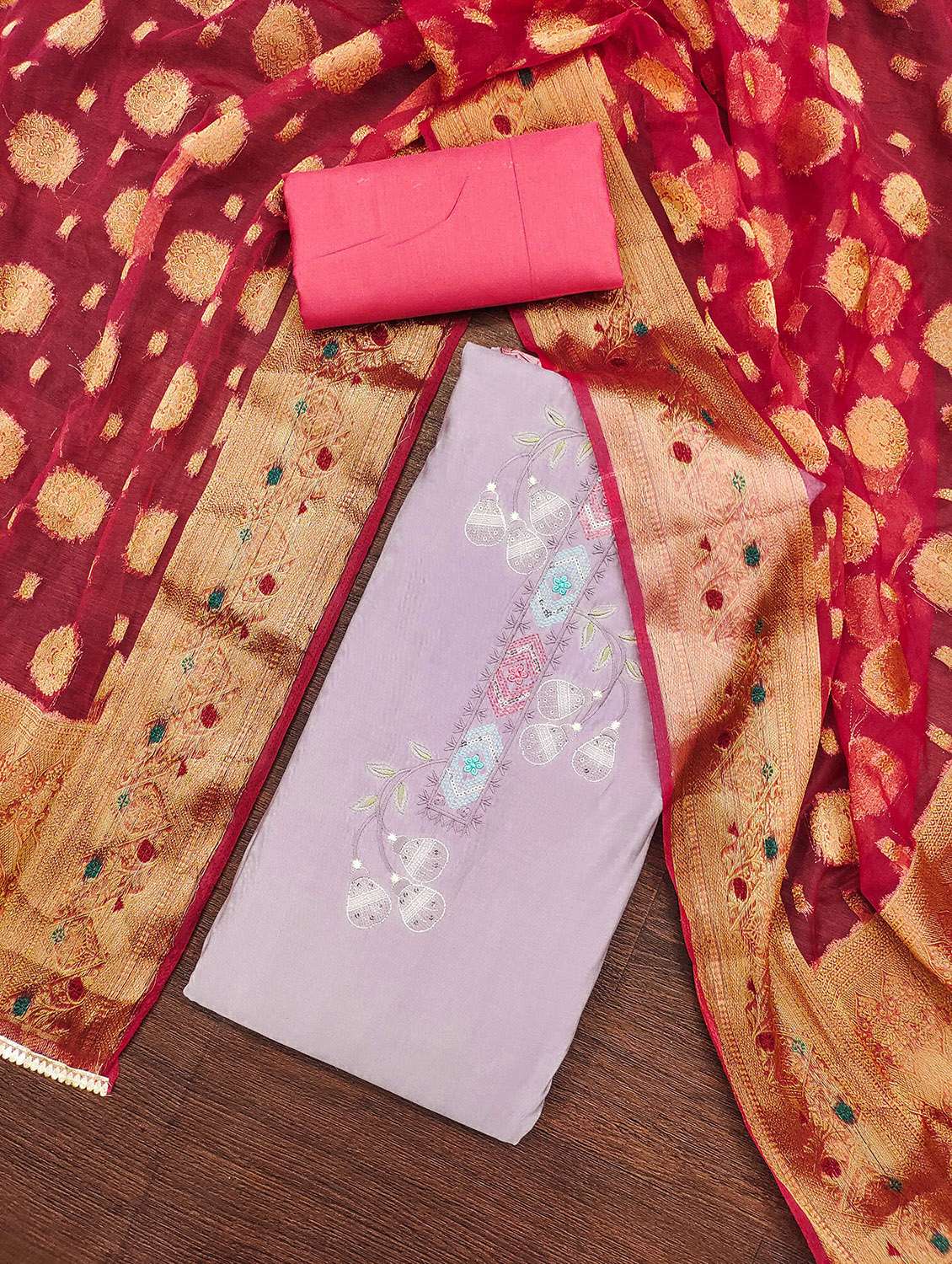 Women Solid With Work Unstitched Suit Set - 22421108 -  Standard Image - 1