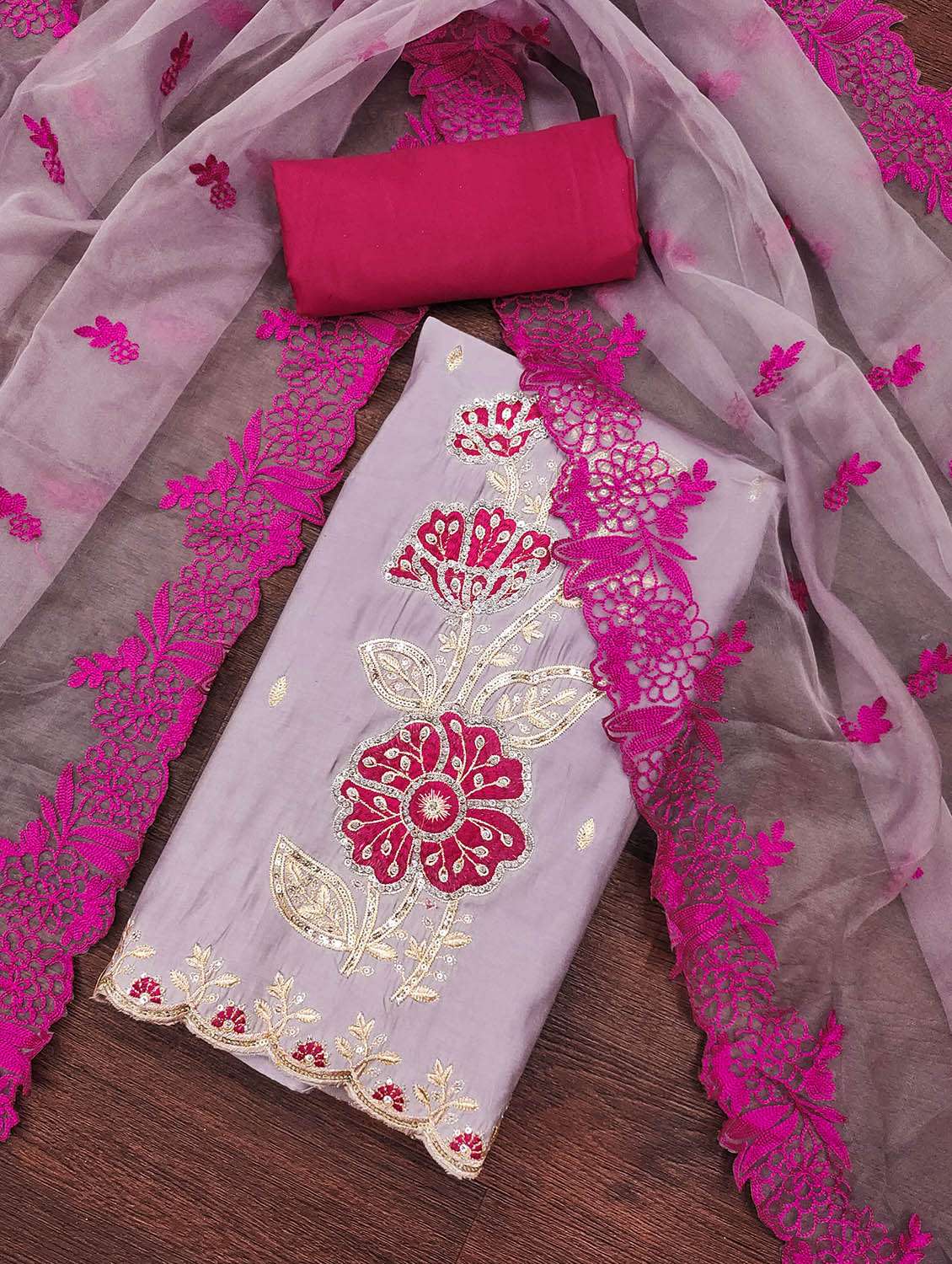 Women Solid With Work Unstitched Suit Set - 22421286 -  Standard Image - 1