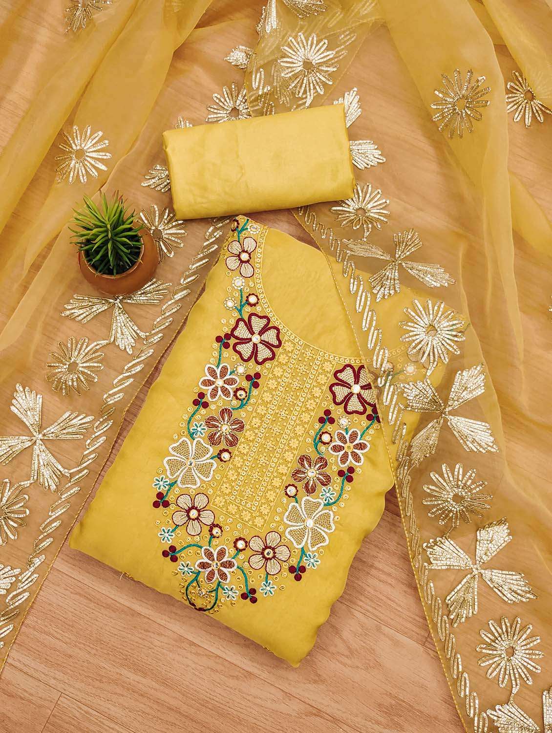 Women Solid With Work Unstitched Suit Set - 22421420 -  Standard Image - 1