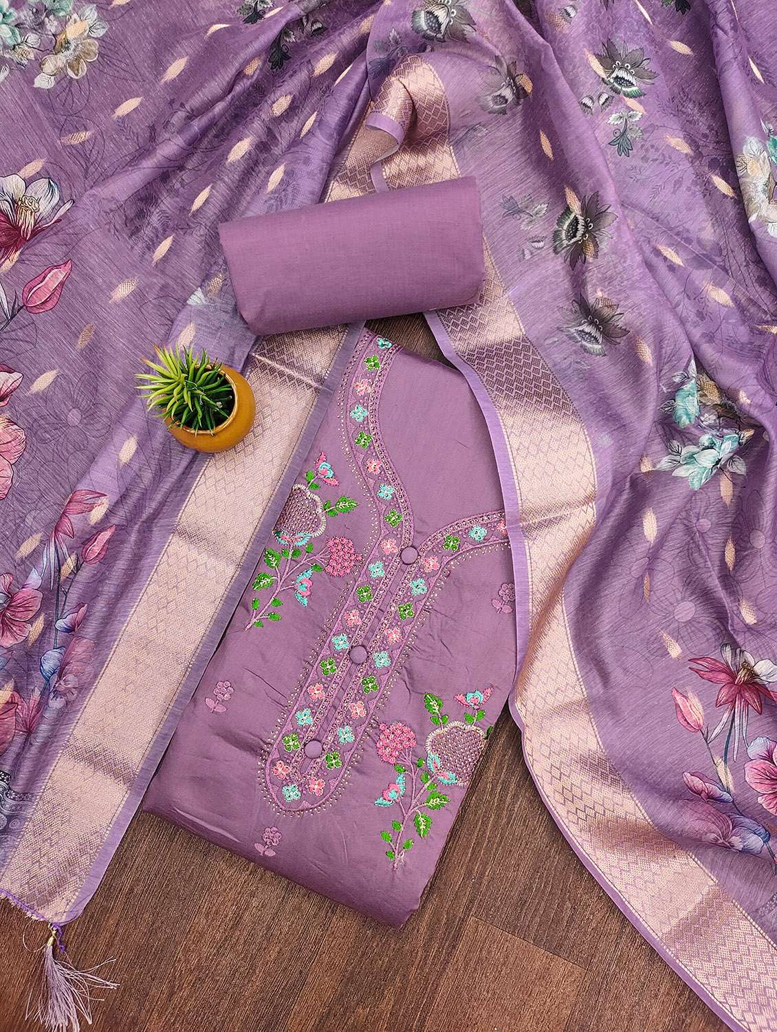 women solid with work unstitched suit set