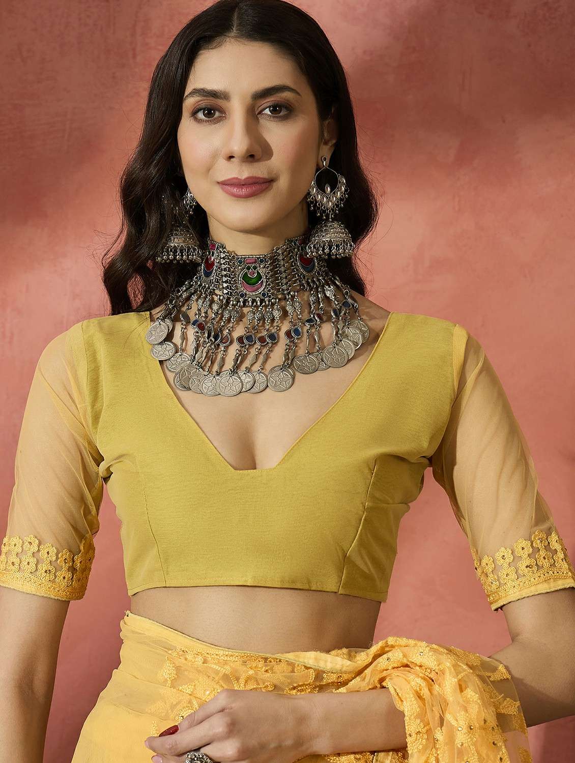 women solid with work embroidered saree with blouse - 22424695 -  Standard Image - 4