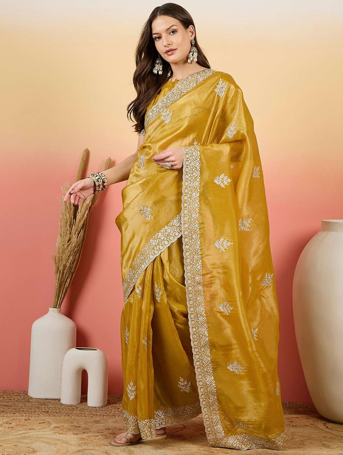 women solid with work embroidered saree with blouse