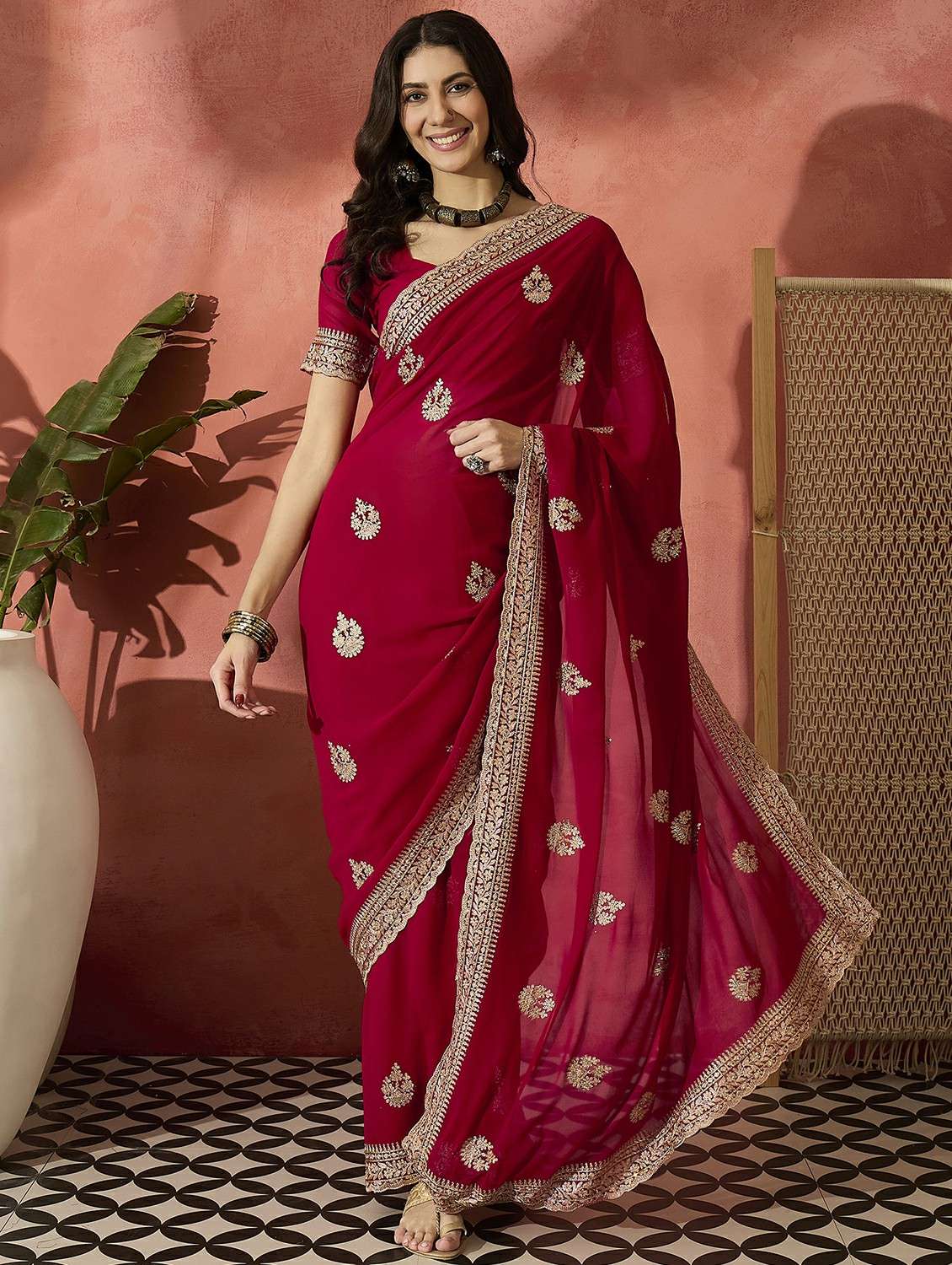 women solid with work embroidered saree with blouse