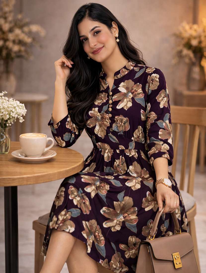 women floral print mandarin neck a-line dress - 22425058 -  Standard Image - 1