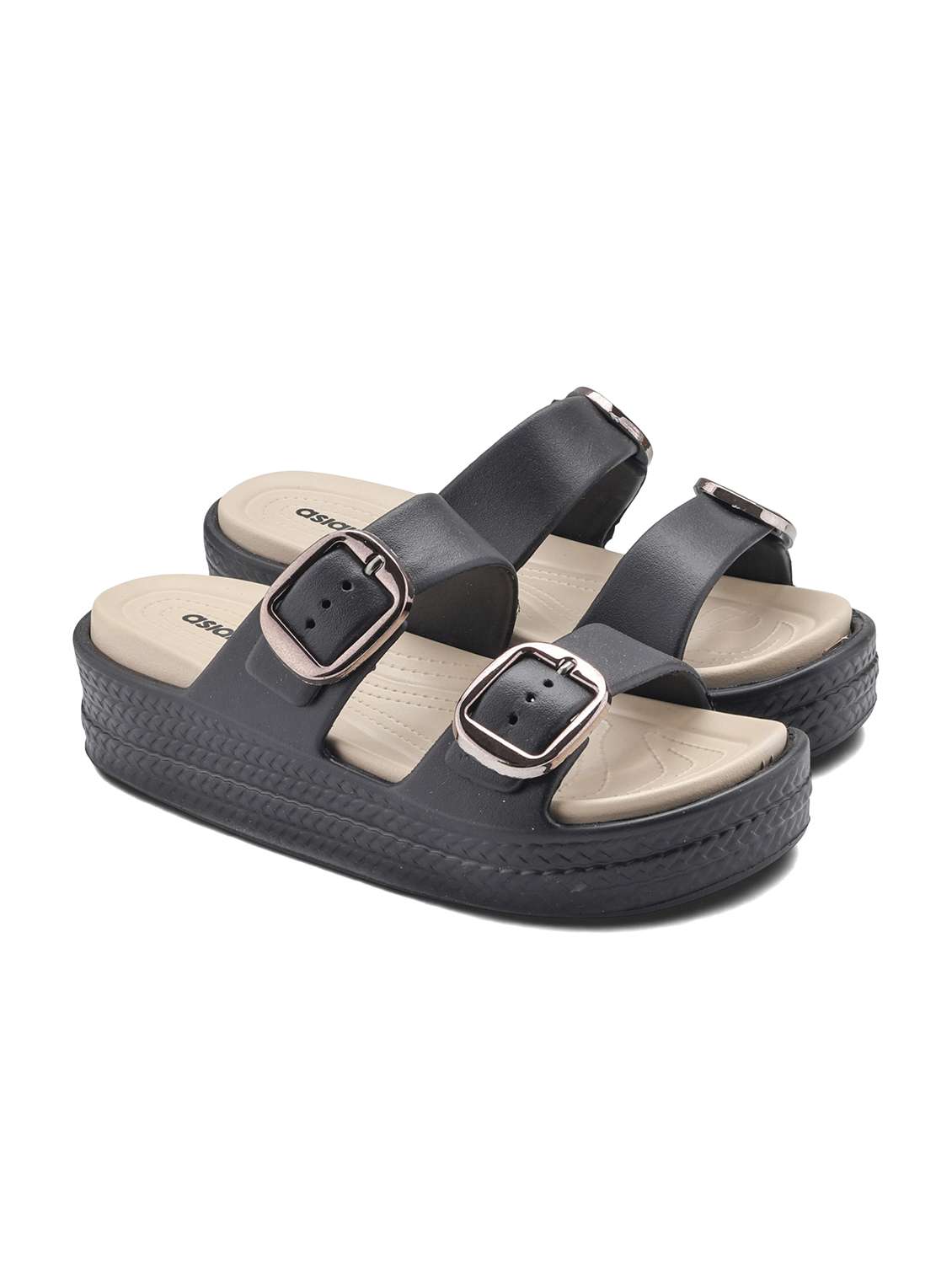 women black solid slip on slides - 22425786 -  Standard Image - 1