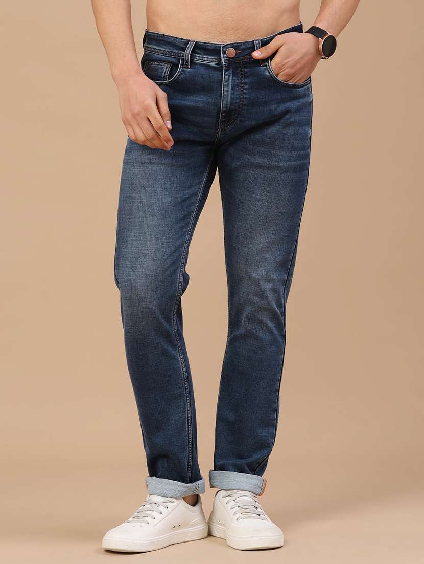 men washed mid rise full length slim fit jeans