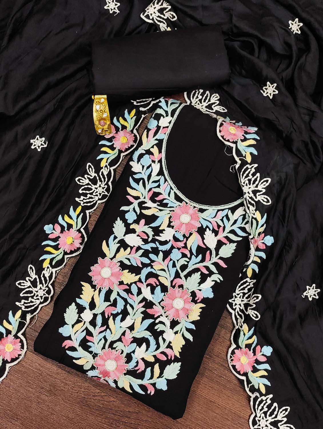 women solid with work unstitched suit set