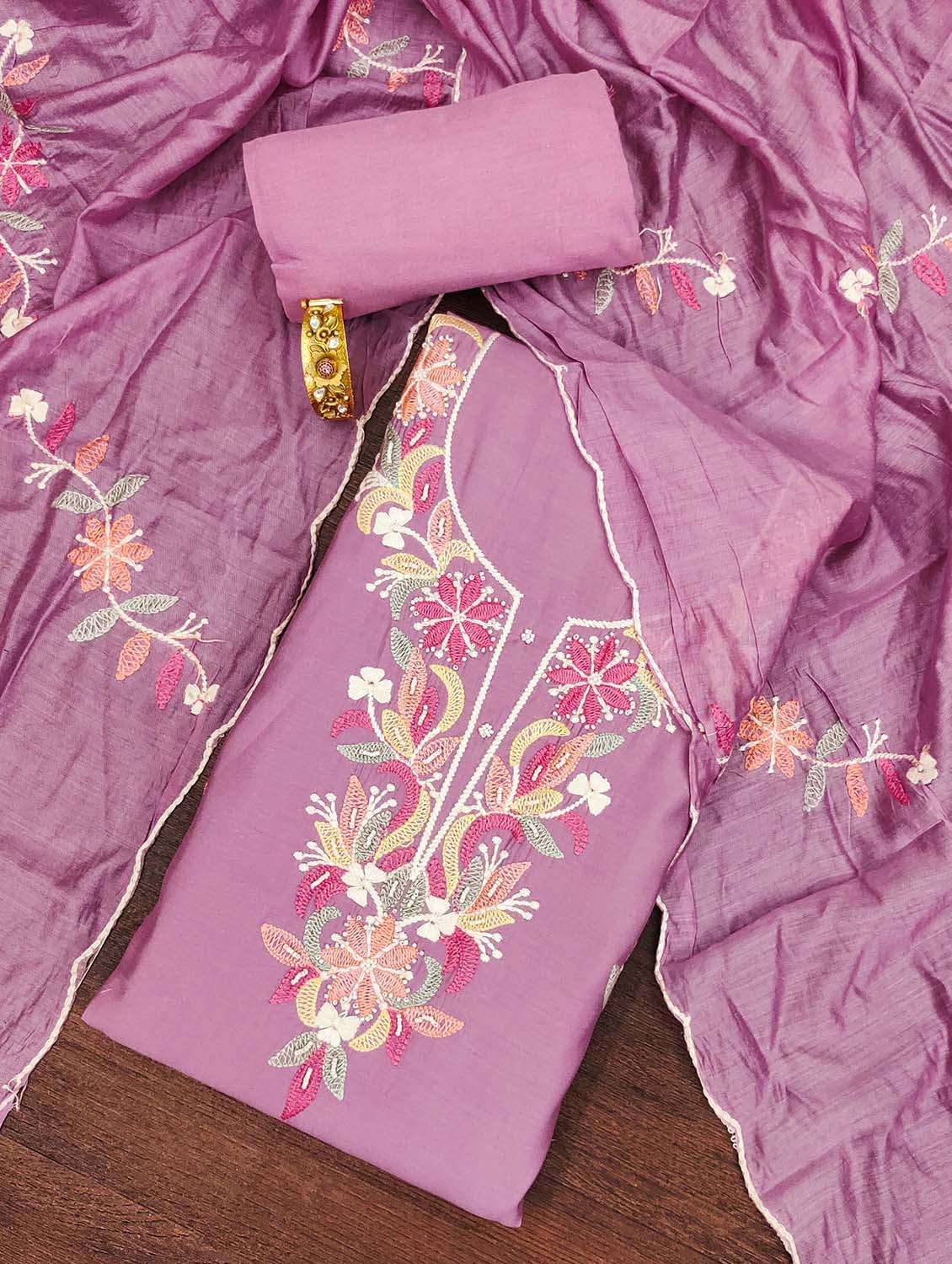 women solid with work unstitched suit set