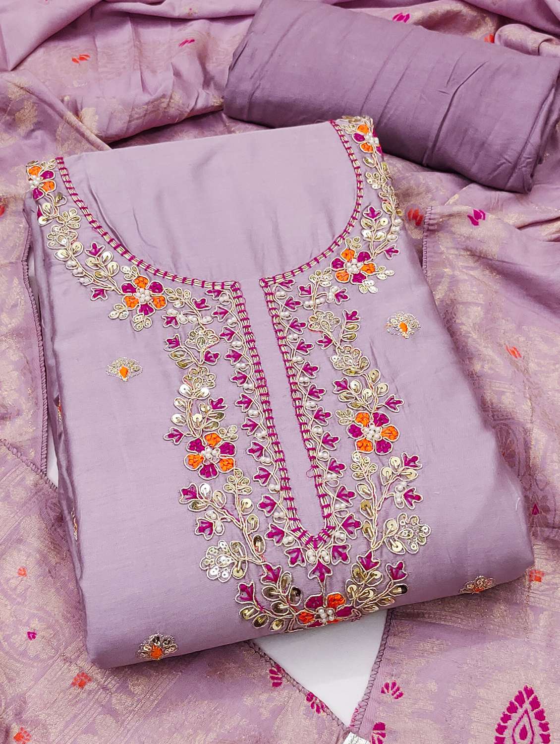 Women Solid With Work Unstitched Suit Set - 22431187 -  Standard Image - 4