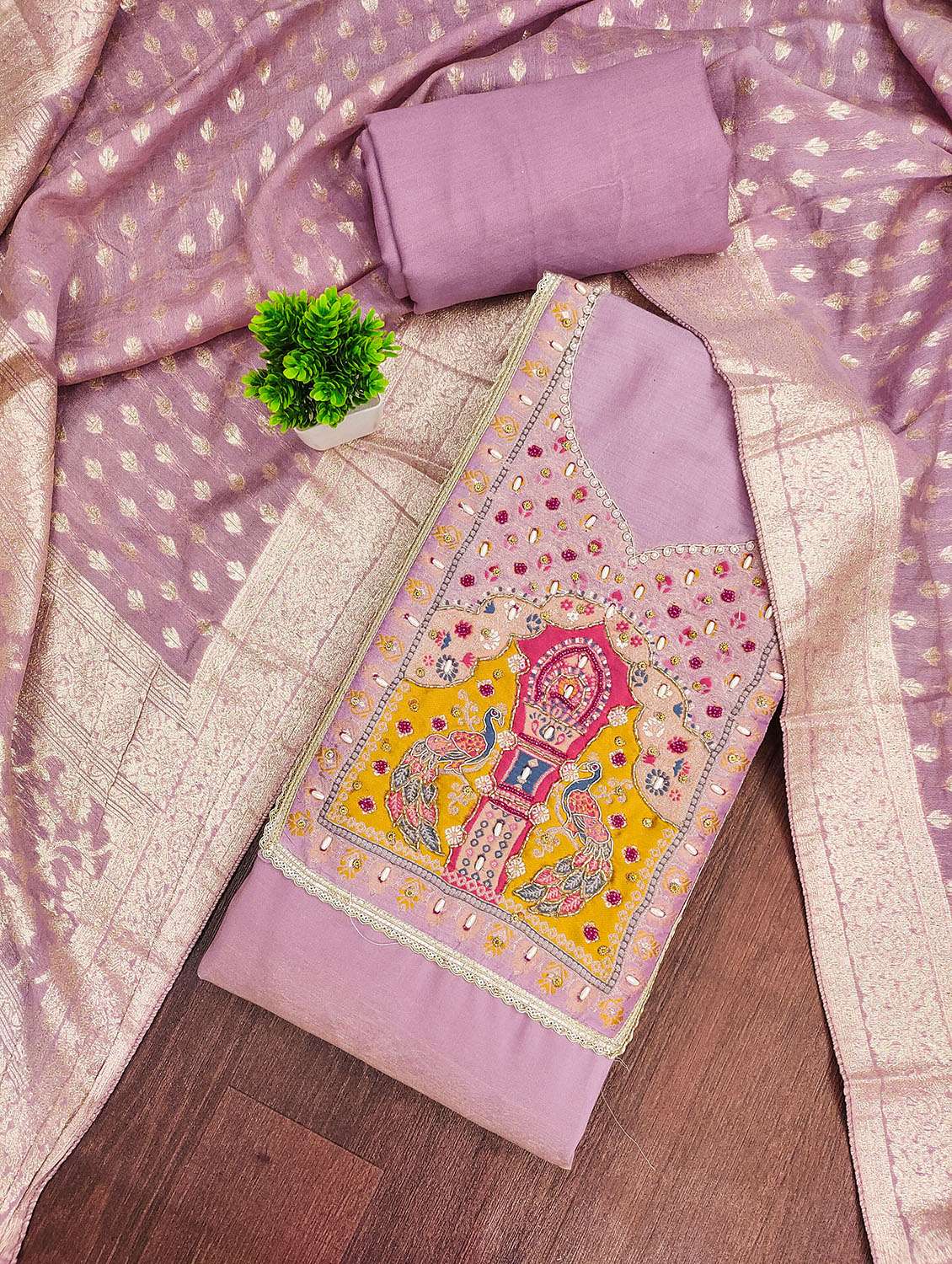 Women Solid With Work Unstitched Suit Set - 22432039 -  Standard Image - 1