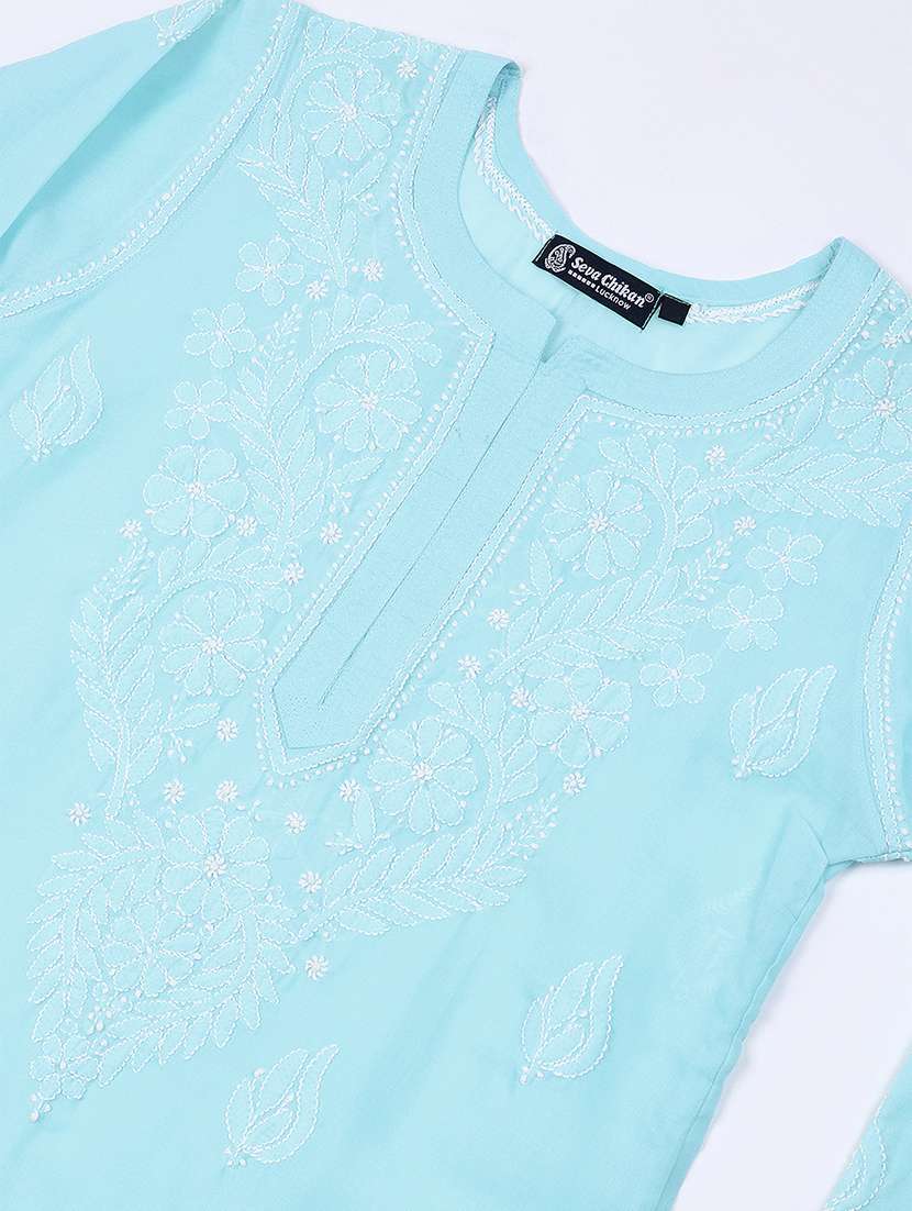 women chikankari three quarter sleeve kurta pant set - 22432118 -  Standard Image - 1