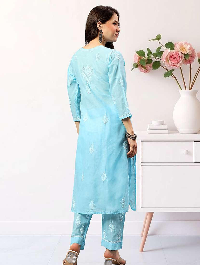 women chikankari three quarter sleeve kurta pant set - 22432118 -  Standard Image - 4