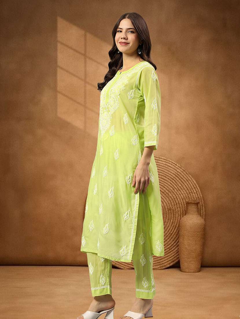 women chikankari three quarter sleeve kurta pant set - 22432121 -  Standard Image - 4