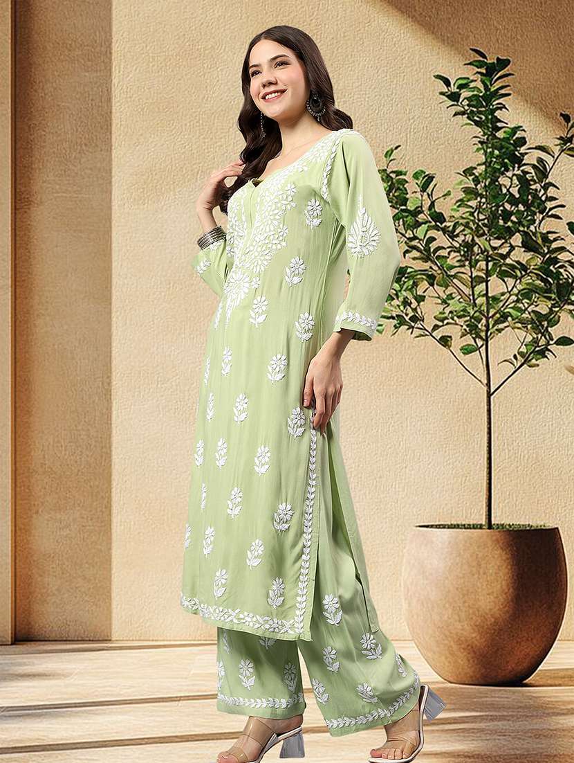 women chikankari long sleeve kurta palazzo set - 22432122 -  Standard Image - 4