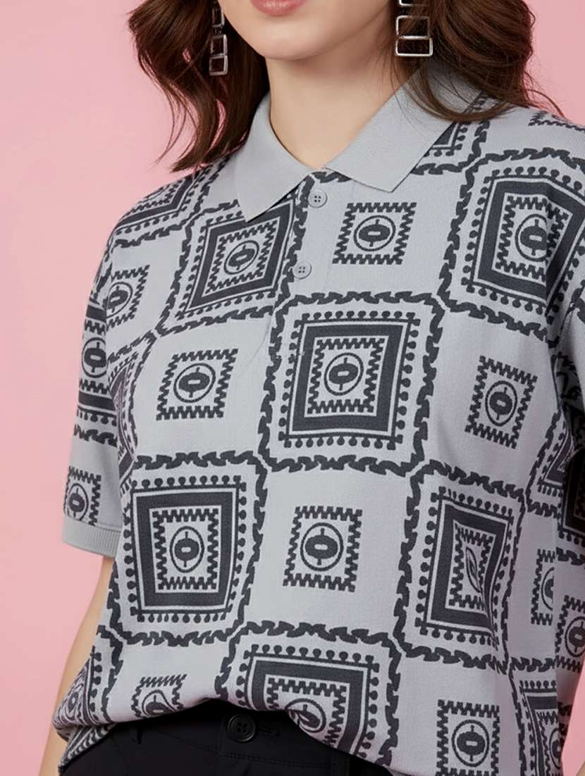 women printed short sleeve oversized polo t-shirt - 22432799 -  Standard Image - 1