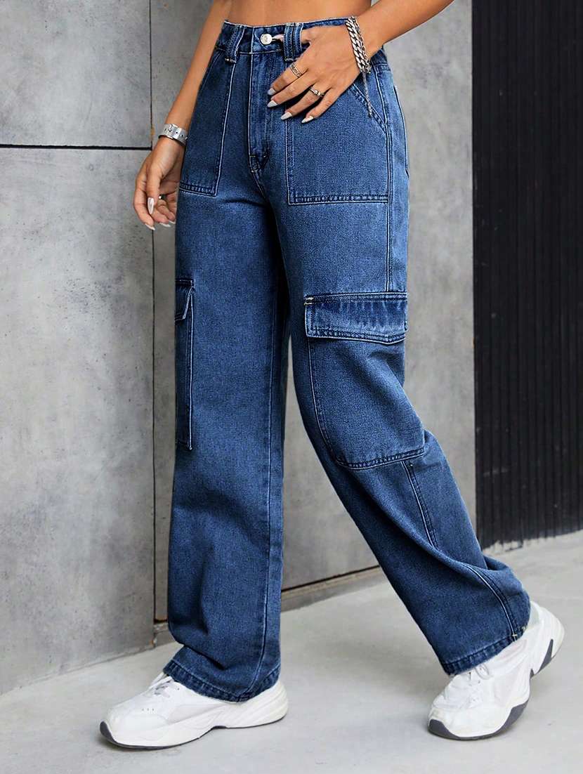 women solid high rise denim cargo - 22433094 -  Standard Image - 1
