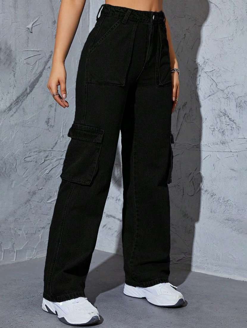 women solid high rise denim cargo - 22433095 -  Standard Image - 1