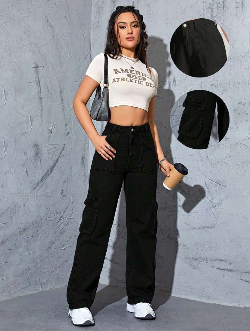 women solid high rise denim cargo - 22433095 -  Standard Image - 4