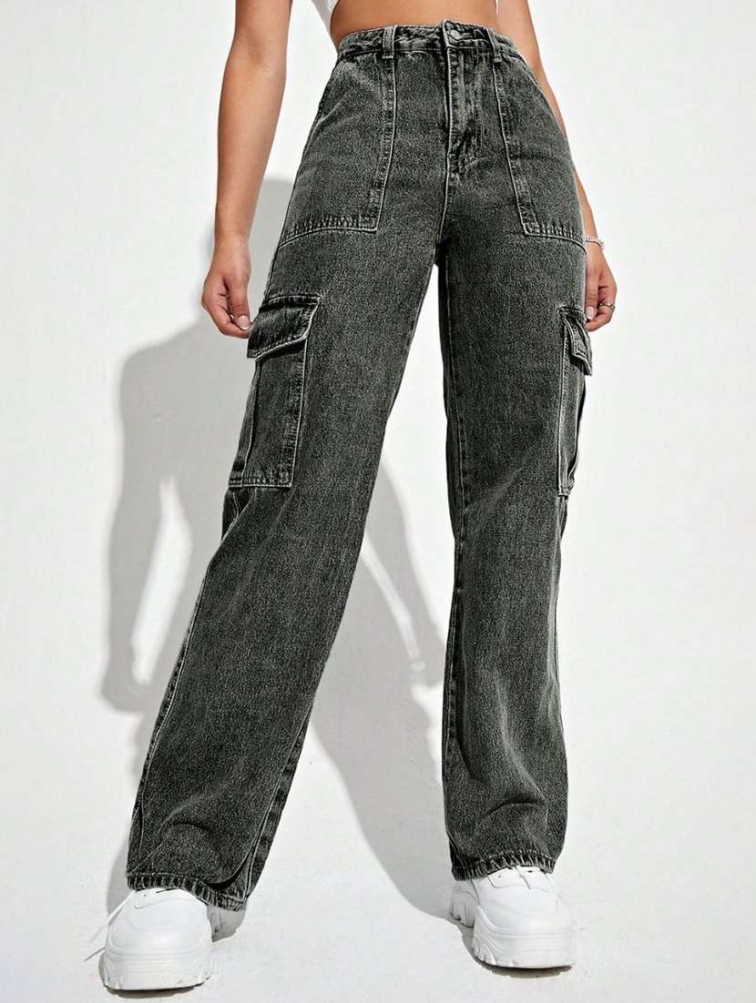 women solid high rise denim cargo - 22433097 -  Standard Image - 1