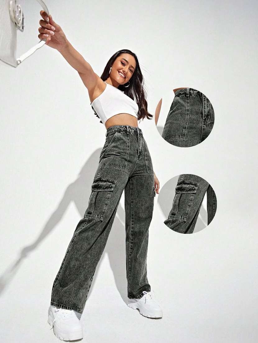 women solid high rise denim cargo - 22433097 -  Standard Image - 4