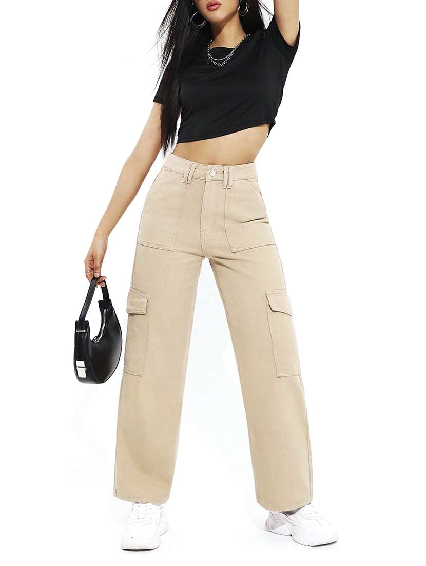 women solid high rise denim cargo - 22433098 -  Standard Image - 4