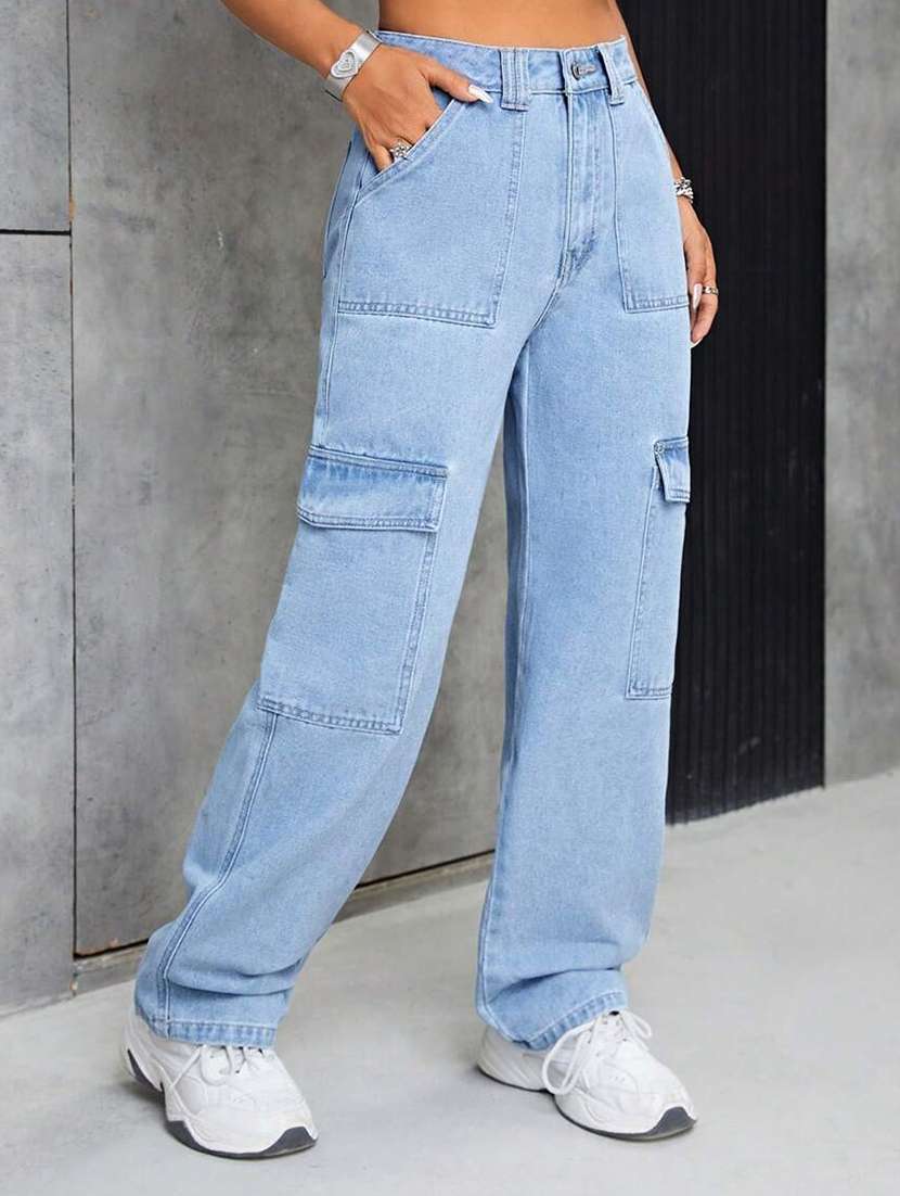 women solid high rise denim cargo - 22433099 -  Standard Image - 1