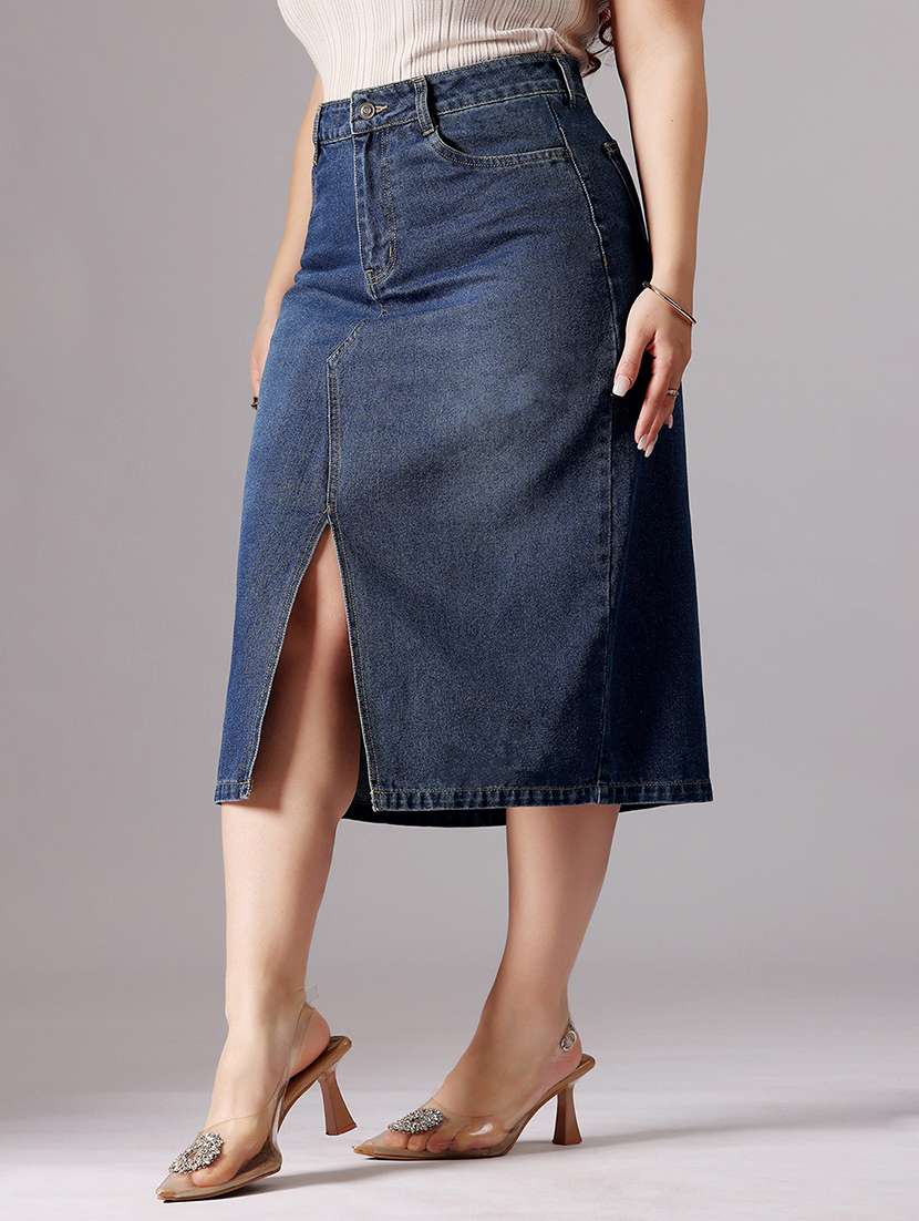 women solid high rise denim skirt
