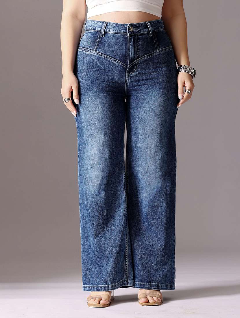 women solid high rise wide leg jeans
