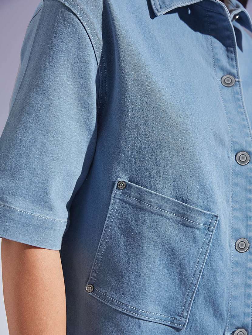 women solid collared short sleeve denim shirt - 22433469 -  Standard Image - 1