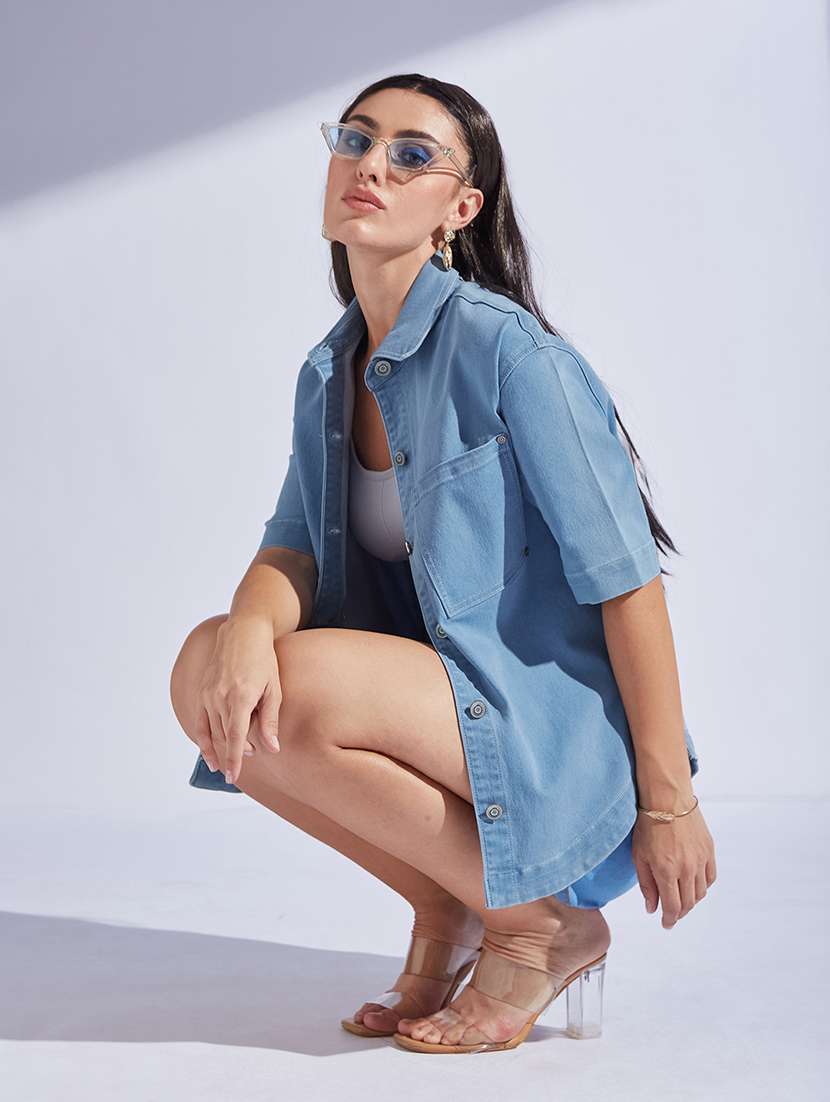 women solid collared short sleeve denim shirt - 22433469 -  Standard Image - 4