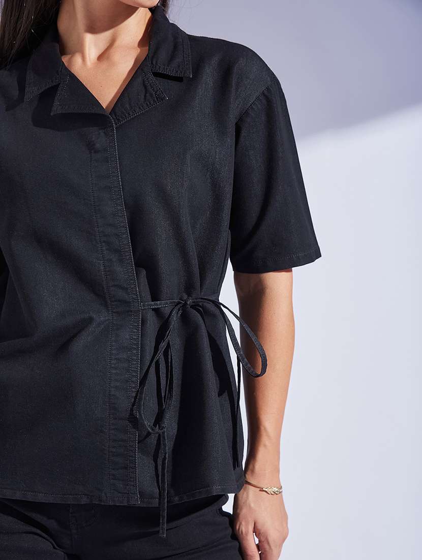 women solid lapel collar short sleeve shirt - 22433470 -  Standard Image - 1