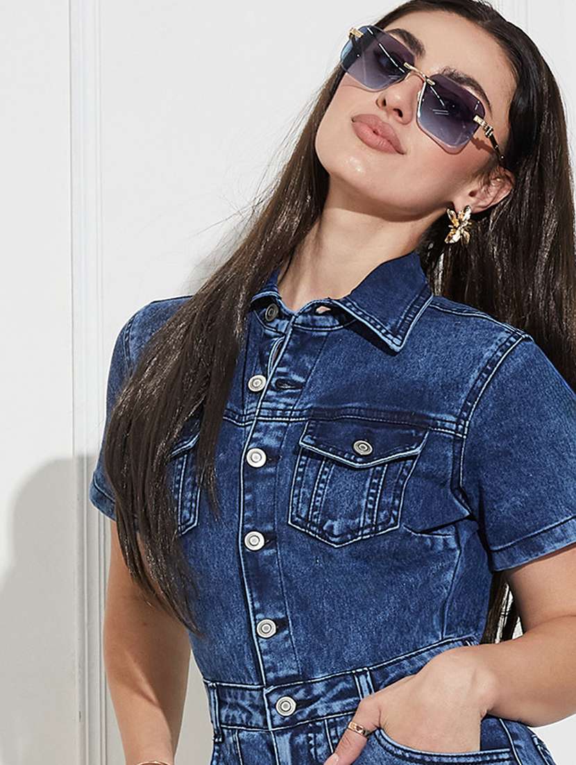 Women Solid Collared Short Sleeve Denim Jumpsuit - 22433481 -  Standard Image - 1